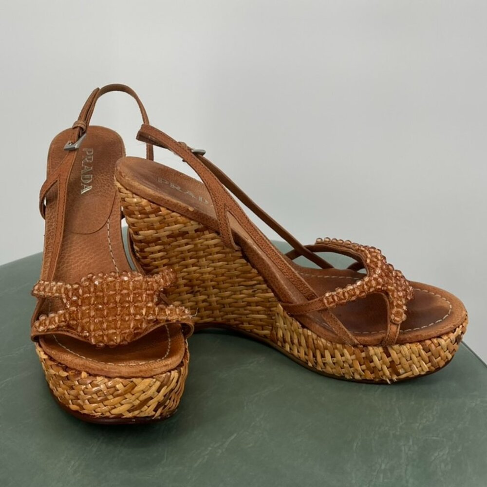 Prada Rafia Wedge Heel in Size 37
